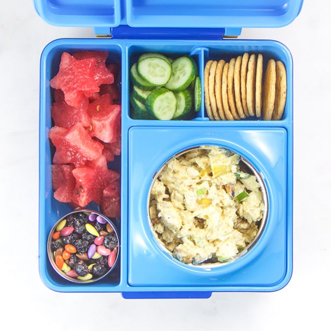 Blue school lunch box filled with healthy school lunch ideas.