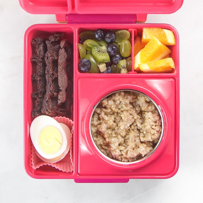 Pink school lunch box filled with breakfast for lunch. kids love this school lunch!