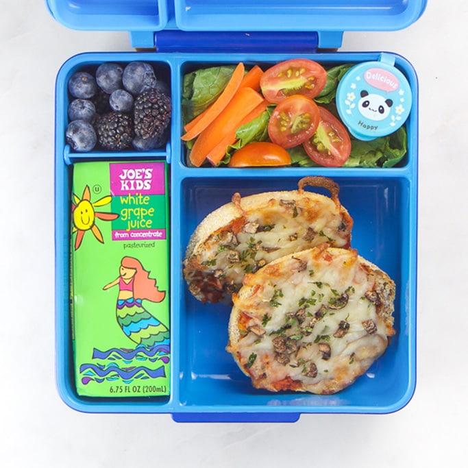 Blue school lunch box filled with pizza and a salad - a kid favorite.