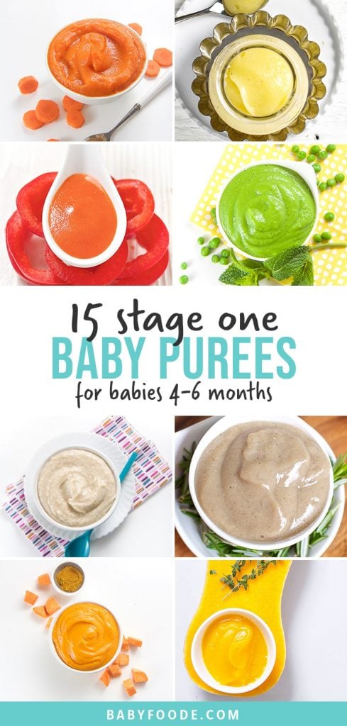 Pinterest collage for a post about stage one baby food purees.