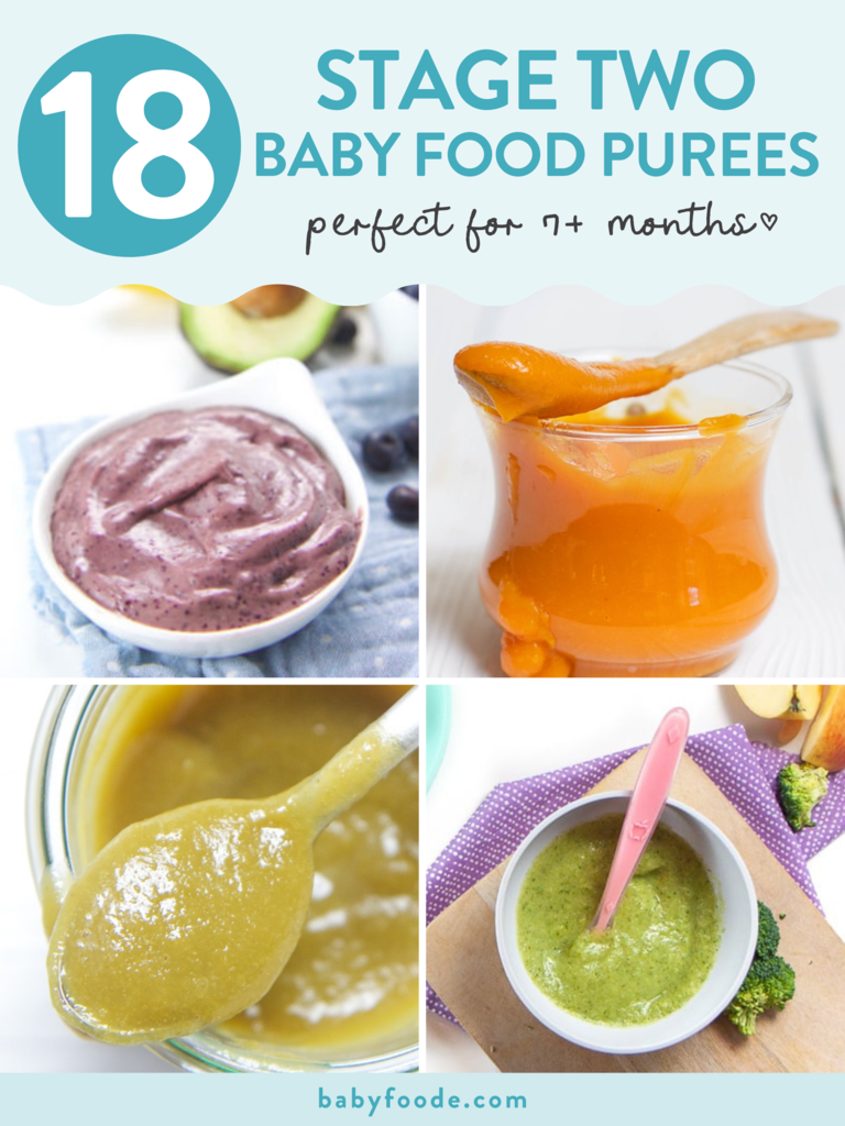 Graphic for post – 18 stage two baby food purées, a grid of four colorful combination purées for baby.