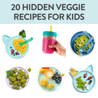 Graphic for post - 20 hidden veggie recipes for kids. Image is of a grid of colorful plates and bowls with recipes for kids with hidden veggies.