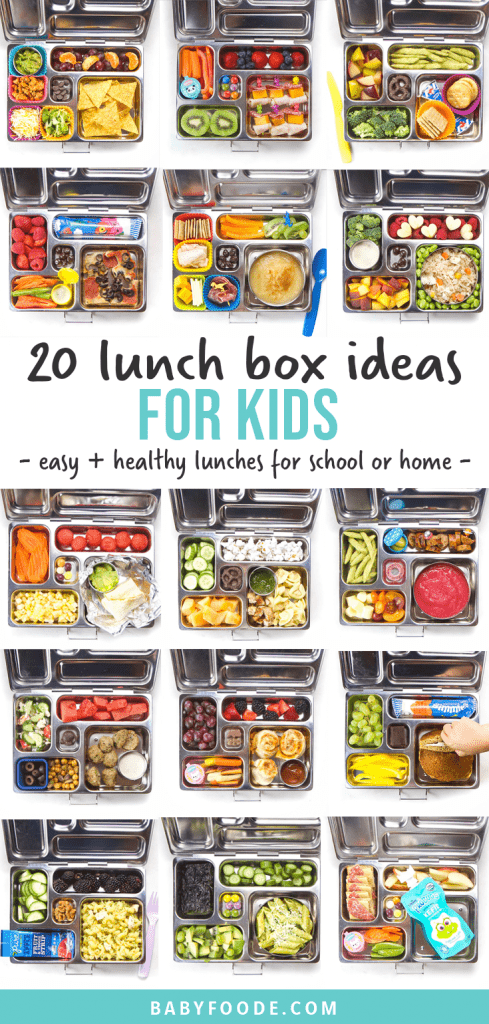 Graphic for post - 20 lunch box ideas for kids - easy and healthy lunches for school or home. Grid of images of lunch boxes for school for kids.