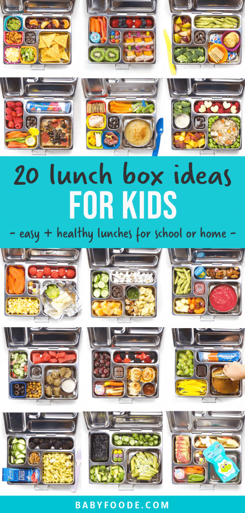 Graphic for post - 20 lunch box ideas for kids - easy and healthy lunches for school or home. Grid of images of lunch boxes for school for kids.