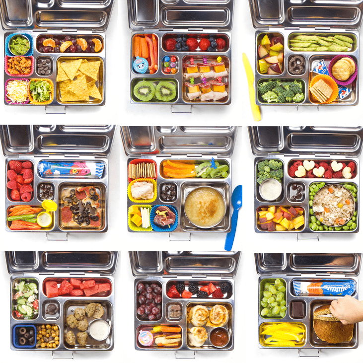 Grid of school lunches for kids.