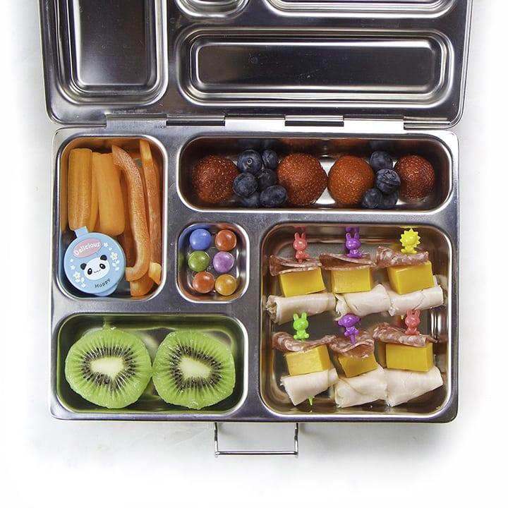 Colorful and healthy, this school lunch features healthy foods for kids.