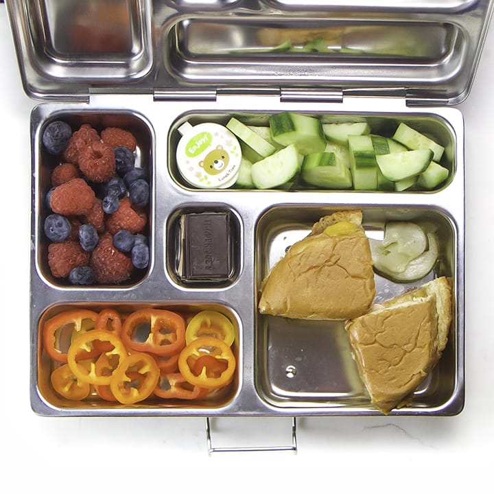 A kid friendly school lunch inside a bento box.