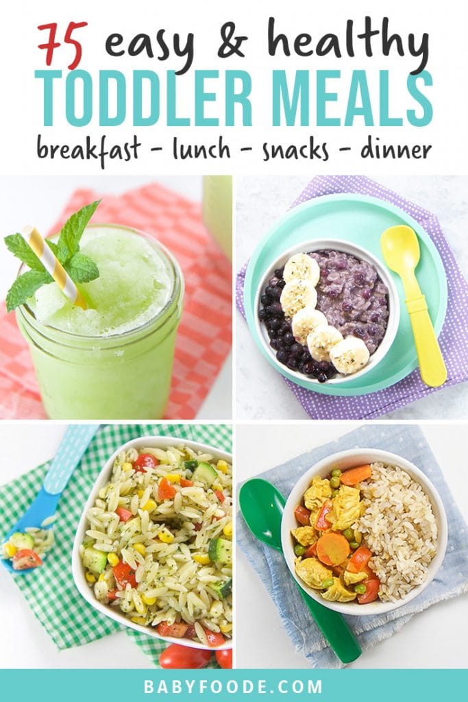 Pinterest collage for a post about healthy toddler recipes - breakfast, lunch, dinner, snacks, and treats.