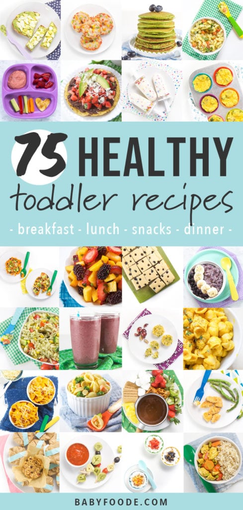 Graphic for Post - 75 Healthy Toddler Recipes for breakfast, lunch, snacks and dinner with a grid of images of toddler meals.