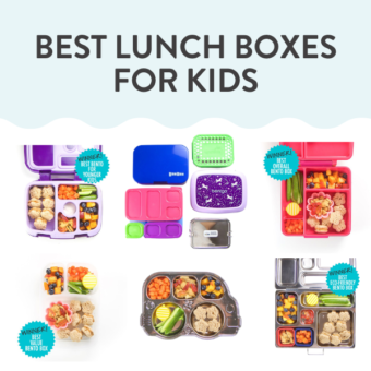 Graphic for post – best lunchboxes for kids. Images are of colorful lunchboxes for toddlers, preschoolers and kids.