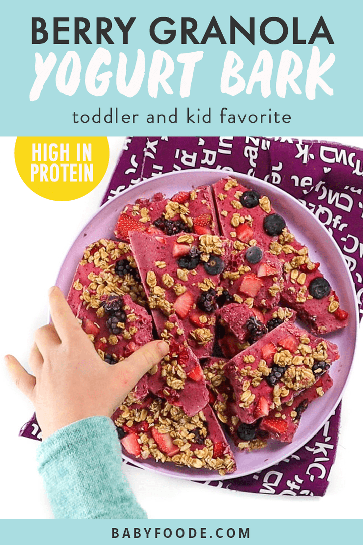 Graphic for Post - berry granola yogurt bark - toddler and kid approved with small kids hand reaching into a plate full of yogurt bark to pick one up. 