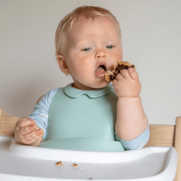 Boy in a blue bib sitting in a highchair is using a palmar grasp to eat a lentil cake.