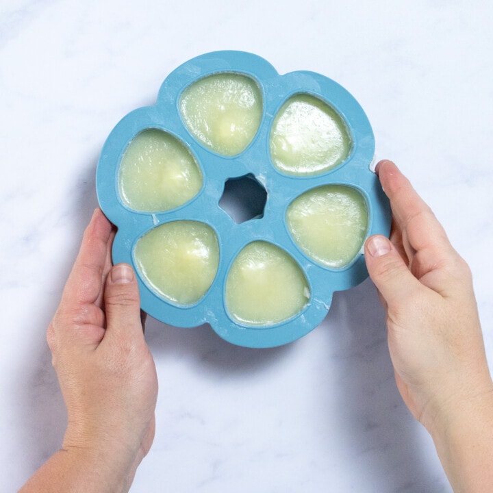 Two hands holding a freezer tray of frozen milk against a white background