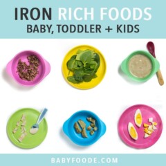 Graphic for Post- iron rich foods baby, toddler and kids - complete guide and over 50 recipes. Images are in a grid on colorful kids plates with iron rich foods.