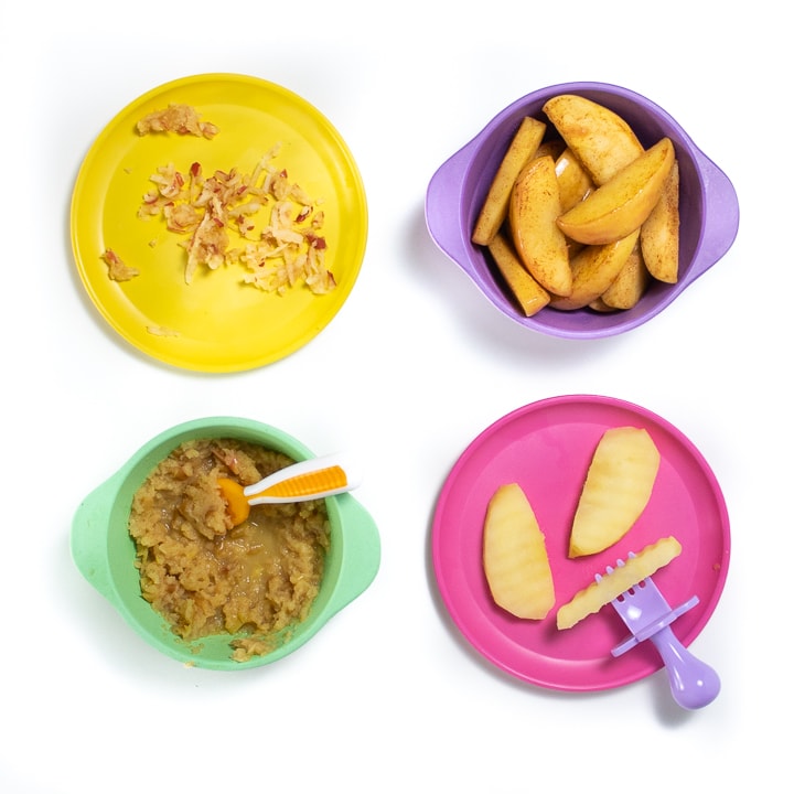 4 colorful bowls and plates with 4 different ways to serve apples to baby. 