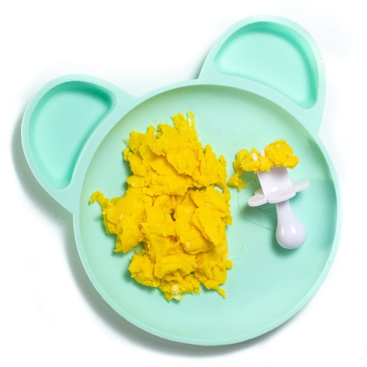 Teal animal plate with scrambled eggs for baby. 