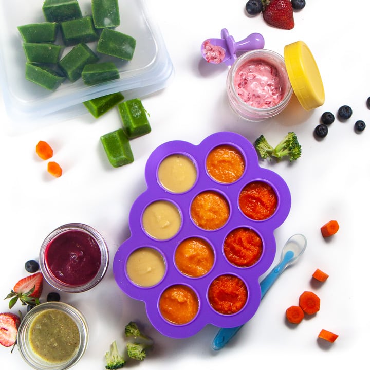 Spread of different baby food storage containers.