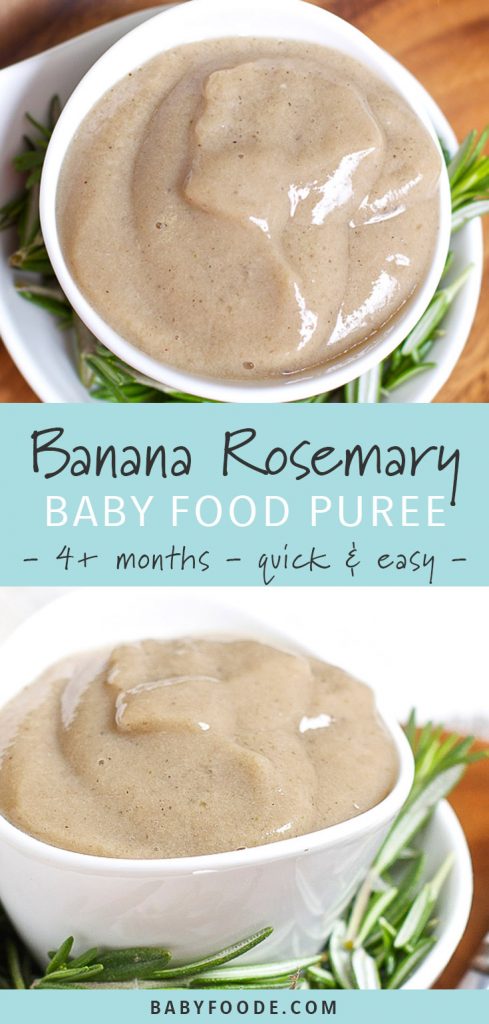 Roasted banana baby puree with rosemary in a small white bowl.