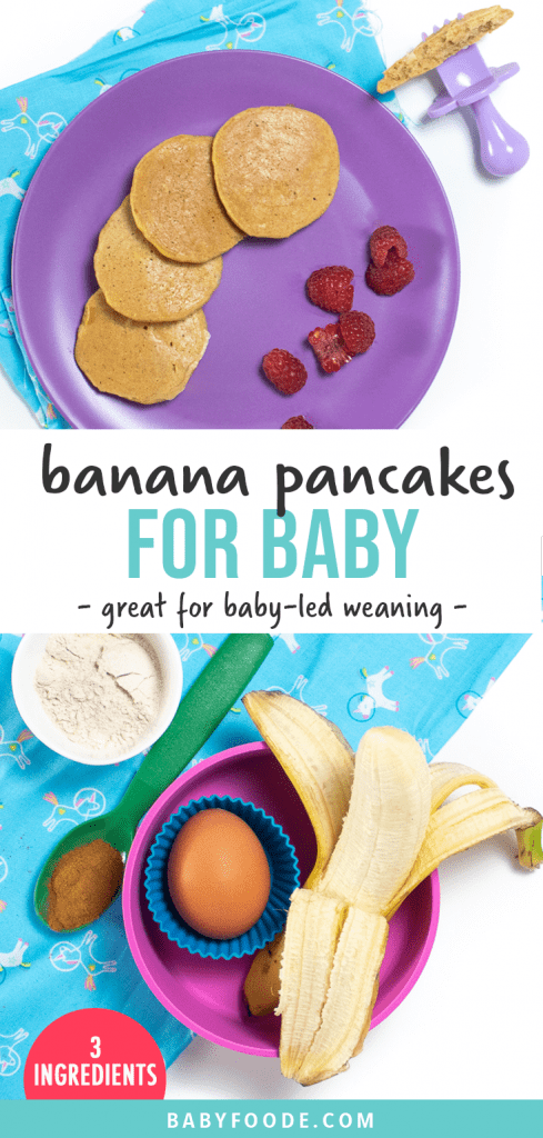 Graphic for post - banana pancakes for baby. Great for baby-led weaning. Image is of a purple plate of banana pancakes and sliced raspberries and a spread of the ingredients used to make these pancakes.