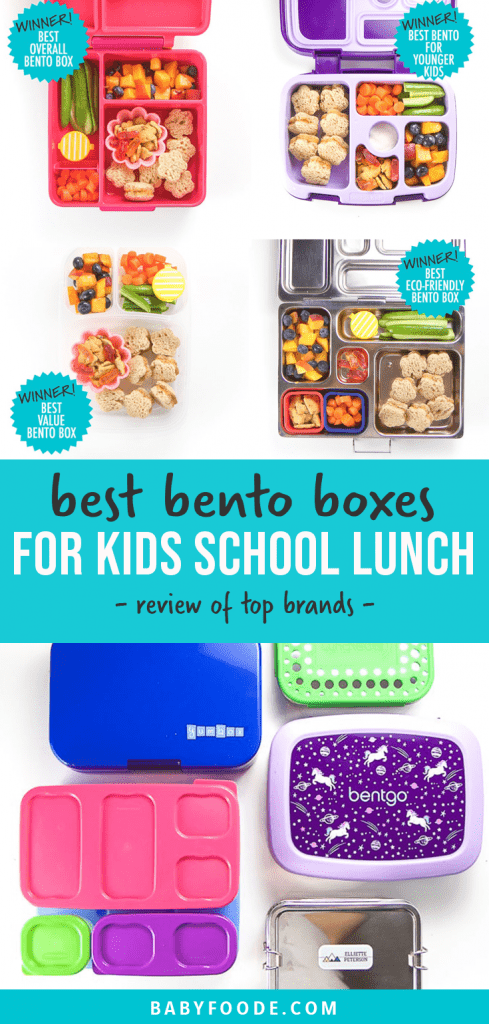 Graphic for Post - best bento boxes for kids school lunch. full review of top brands. With images of packed bento and a spread of the top brands.