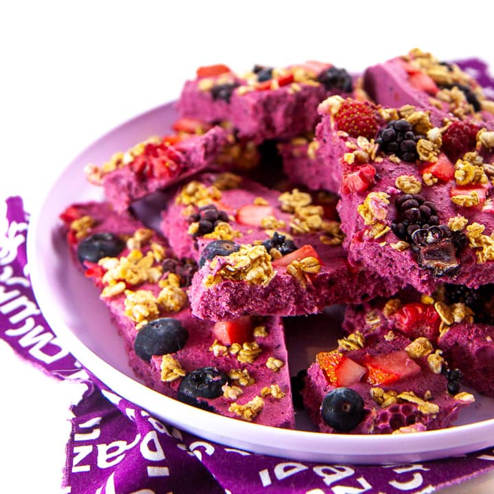 Plate full of berry granola bark for toddlers and kids.