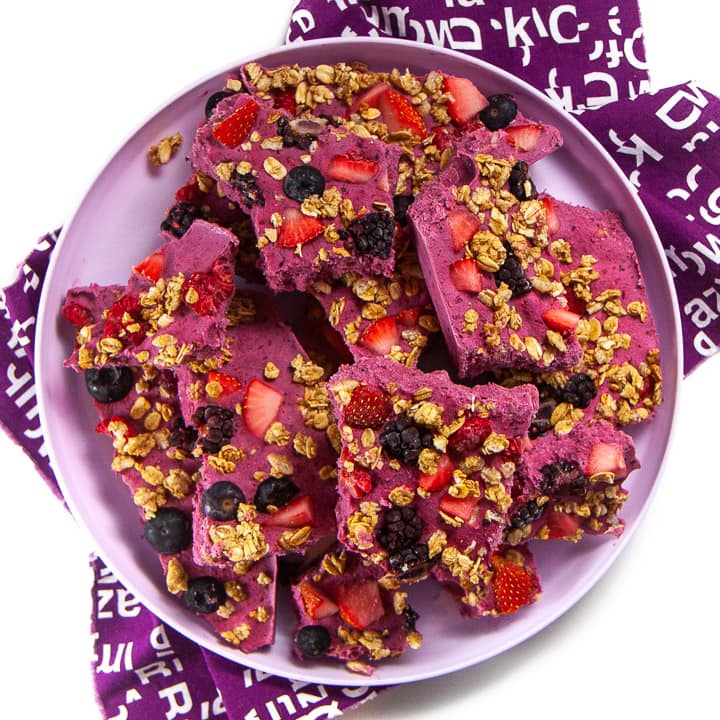 Plate full of berry granola bark for toddlers and kids.