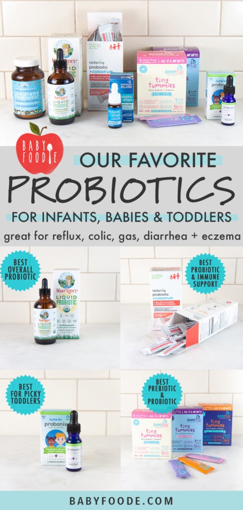 Graphic for post - Our Favorite Probiotics for infants, babies and toddlers. With a photo spread of my favorites on my kitchen counter.