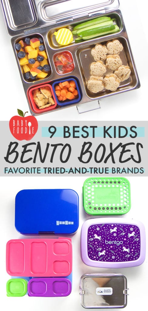 Graphic for The Best Bento Boxes for Kids - favorite tried-and-true brands with images of an open bento box and a spread of closed boxes.