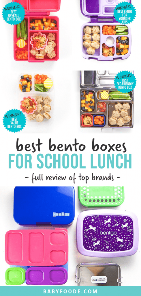 Graphic for Post - best bento boxes for kids school lunch. full review of top brands. With images of packed bento and a spread of the top brands.