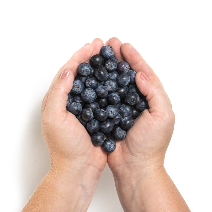 Hands holding blueberries.