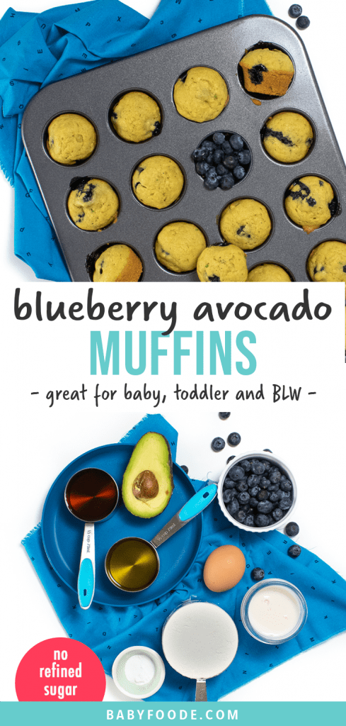 Graphic for post - blueberry avocado muffins for baby, toddler and baby-led weaning. no refined sugar. Images are of a muffin pan with cooked muffins and a scattering of blueberries and a spread of the ingredients needed to make these muffins.