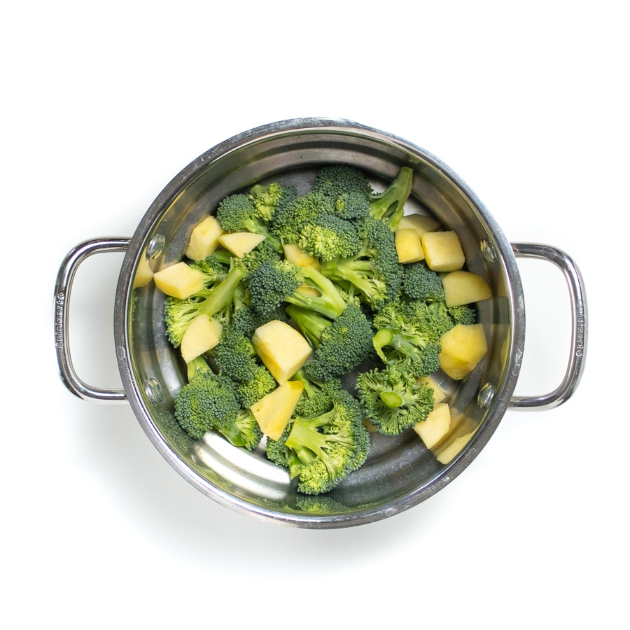 Steamer basket with fresh broccoli and apple.