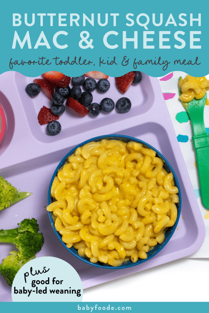 Graphic for post – butternut squash mac & cheese. Favorite toddler, kid and family meal, plus it's great for baby led weaning. Image is of a blue kids bowl on top of a purple kids plates filled with mac & cheese, berries and broccoli.