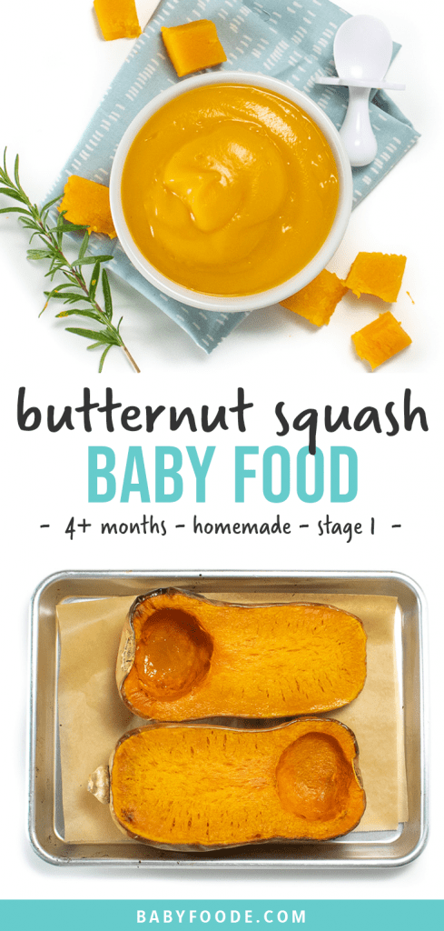 Graphic for Post - butternut squash baby puree - 4+ months - homework - stage 1. Image is a small bowl of pureed butternut squash for baby with chunks of butternut squash and rosemary next to it.