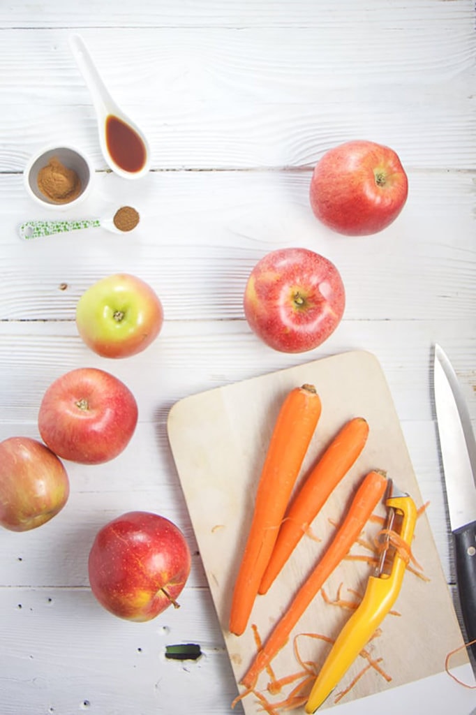 A spread of fresh ingredients scattered on the white background. 