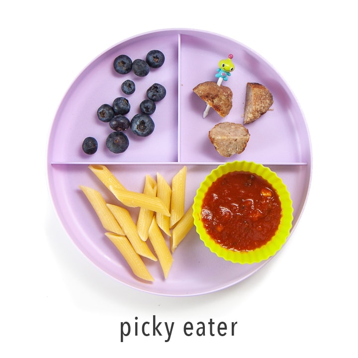 Picky Eater plate on how to serve these chicken meatballs to a kid that isn't into them.