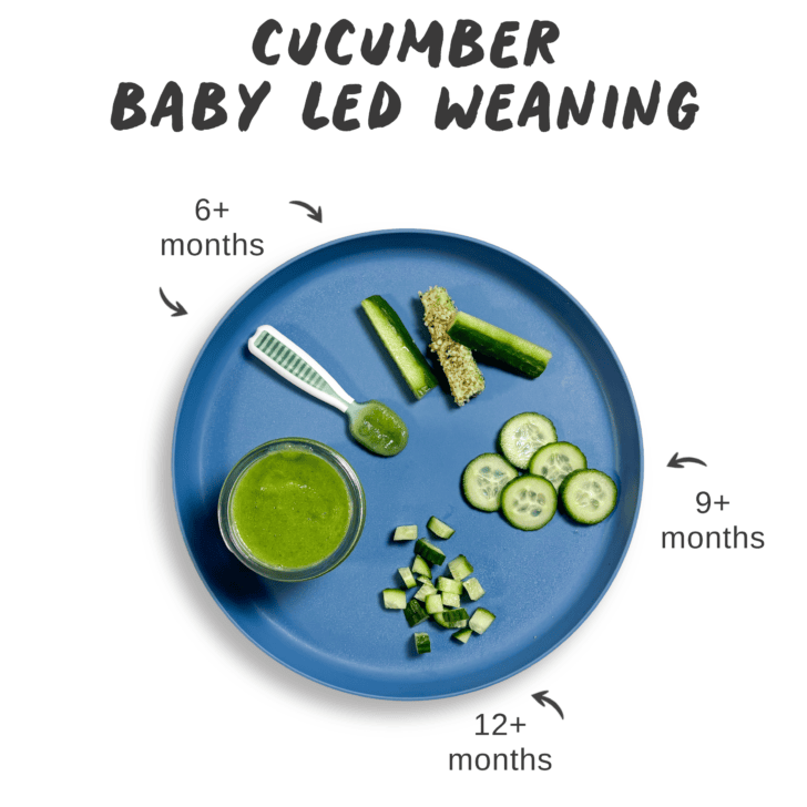 Graphic for post – cucumber for baby lead weaning. Images of a plate with different ways to serve cucumber to your baby with graphics showing 6+ months, 9+ months, 12+ months.