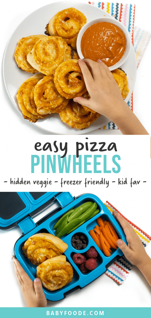 Graphic for Post- easy pizza pinwheels - hidden veggies, freezer friendly, kid fav. With images of these easy and veggie filled pizza rollups on a plate and in a lunchbox.