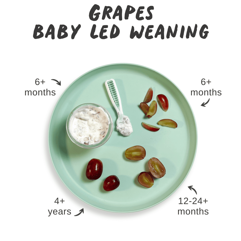 Graphic for post – grapes for baby lead weaning, with an image of a teal baby plate with showing different ways to serve grapes to babies with graphics showing the ages 6+ months, 9+ months, 24+ months, 4+ years.