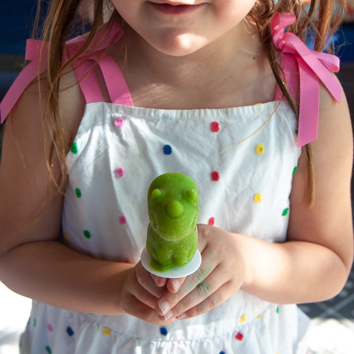 Girl holding a green tropical smoothie popsicle. 