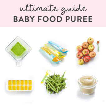 Graphic for post - ultimate guide baby food purees. Images are in a grid of fresh produce, jars of puree, spoons with puree resting inside and a blender full of green puree.