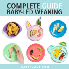 Graphic for post - complete guide baby led weaning - great for 6+ months. Images are of a baby self feeding an avocado as well as colorful plates in a grid of how to cut and serve baby food.