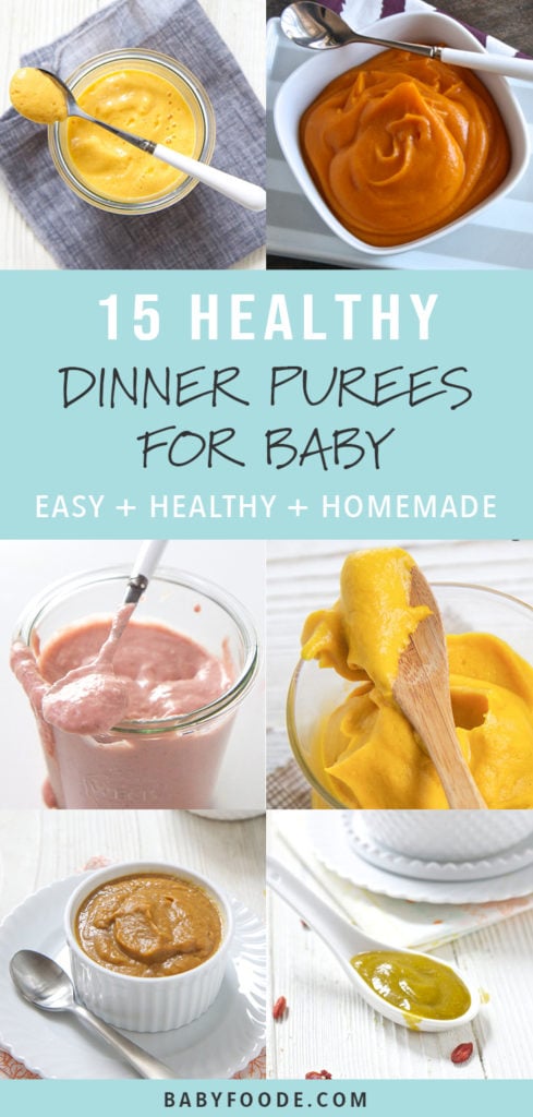 Pinterest image for a collection of homemade baby purees to serve for dinner.