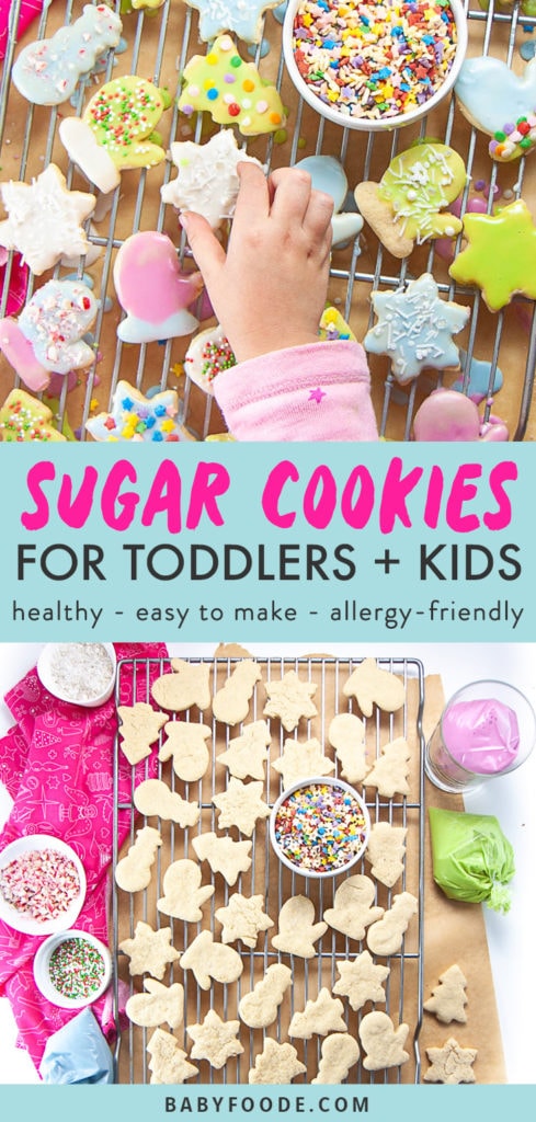 Graphic for Post - Sugar Cookies for Toddler and Kids - healthy - easy to make -allergy-friendly with an image of Little hand reaching to get iced sugar cookie. and an image of a cooling rack with gluten free cookies on it.