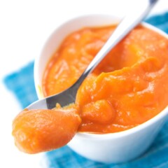 A small white bowl filled with a thick and bright colored baby food puree.