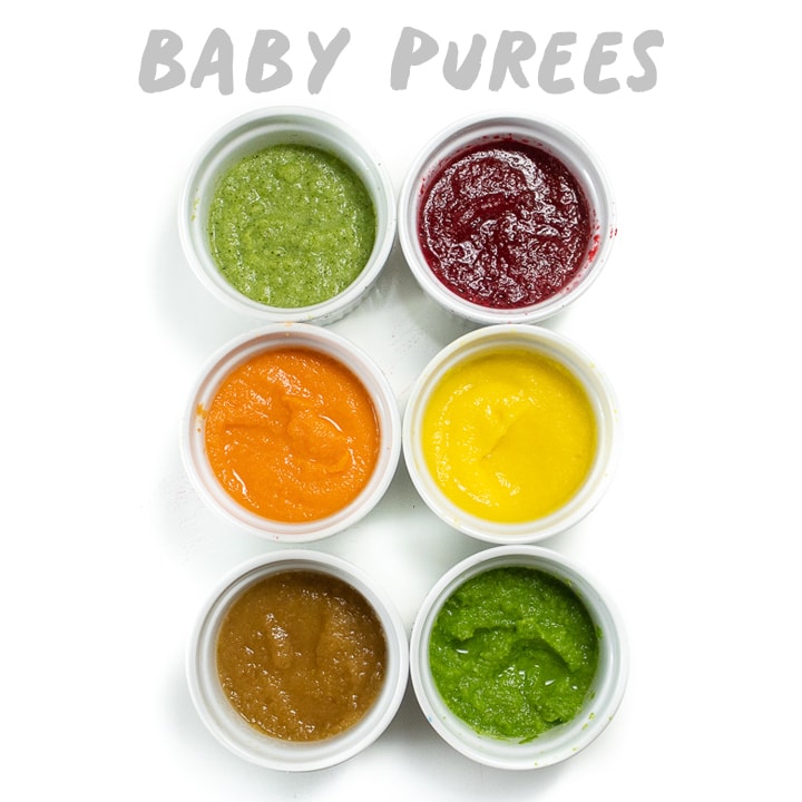 Baby purees - 6 bowls with smooth baby food puree inside.