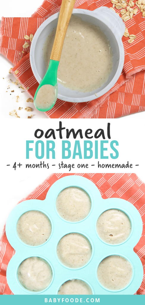 Graphic for post - oatmeal for babies - 4+ months - stage one - homemade. Image is of a gray baby bowl filled with a smooth oatmeal puree for baby as well as a freezer tray filled with oatmeal cereal for the freezer.