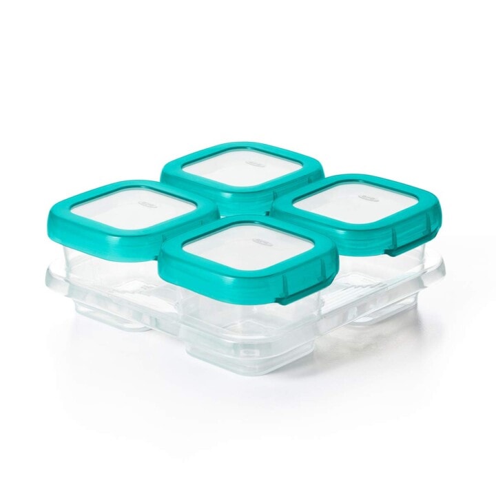 teal and clear 4 pack of plastic containers for baby food.