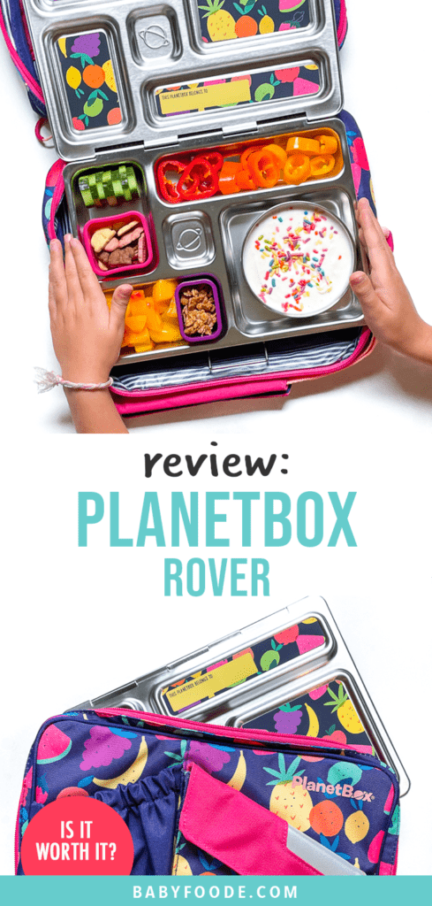 Graphic for post - Review Planetbox rover. Images are of a pair of young kids hands holding the metal box over the colorful carrying case as well as a carrying case with the planetbox rover sticking out.