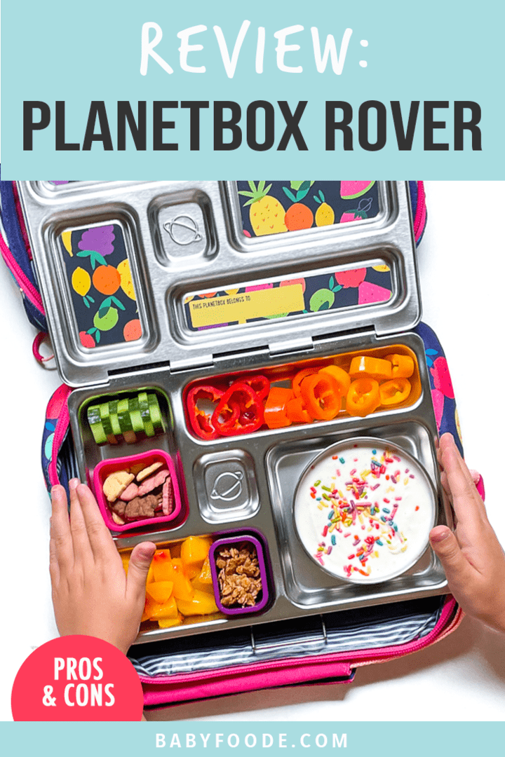 Graphic for post - Review Planetbox rover. Images are of a pair of young kids hands holding the metal box over the colorful carrying case.